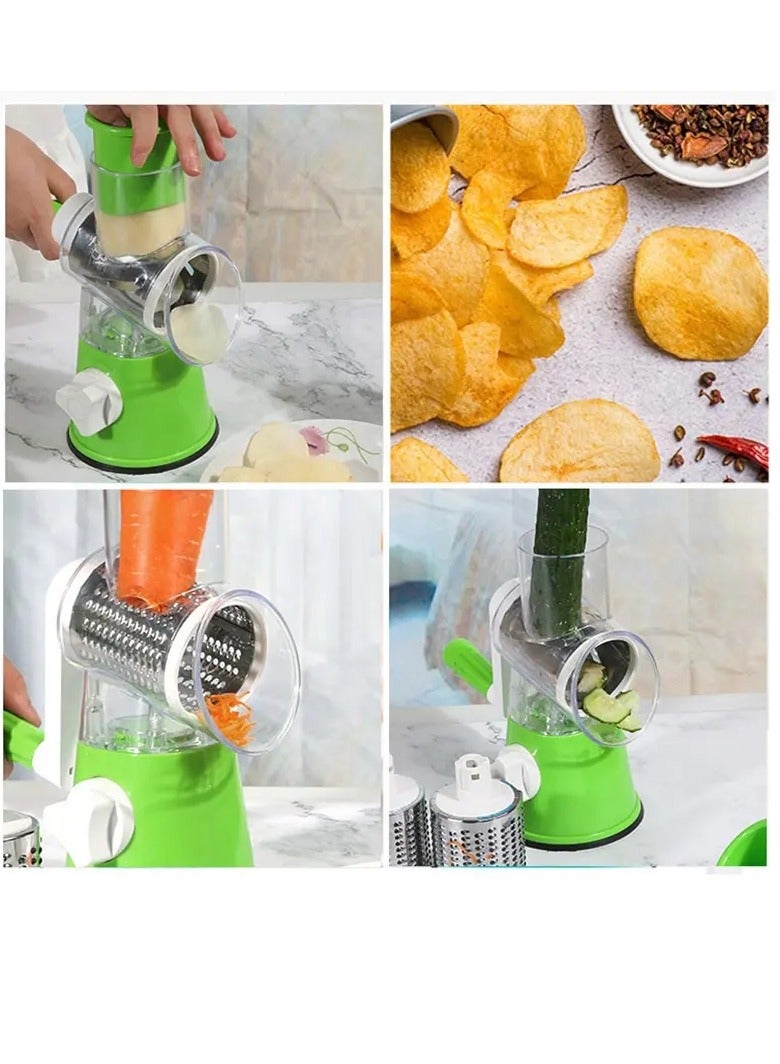 AROAQ Vegetable Slicer, Multifunctional Roller Vegetable Cutter, Strong Suction Three Blade Manual Rotary Vegetable Slicer, Easy To Clean Cheese Grater With Handle For Fruit, Vegetables, Nuts, (Blue)  - Image 4