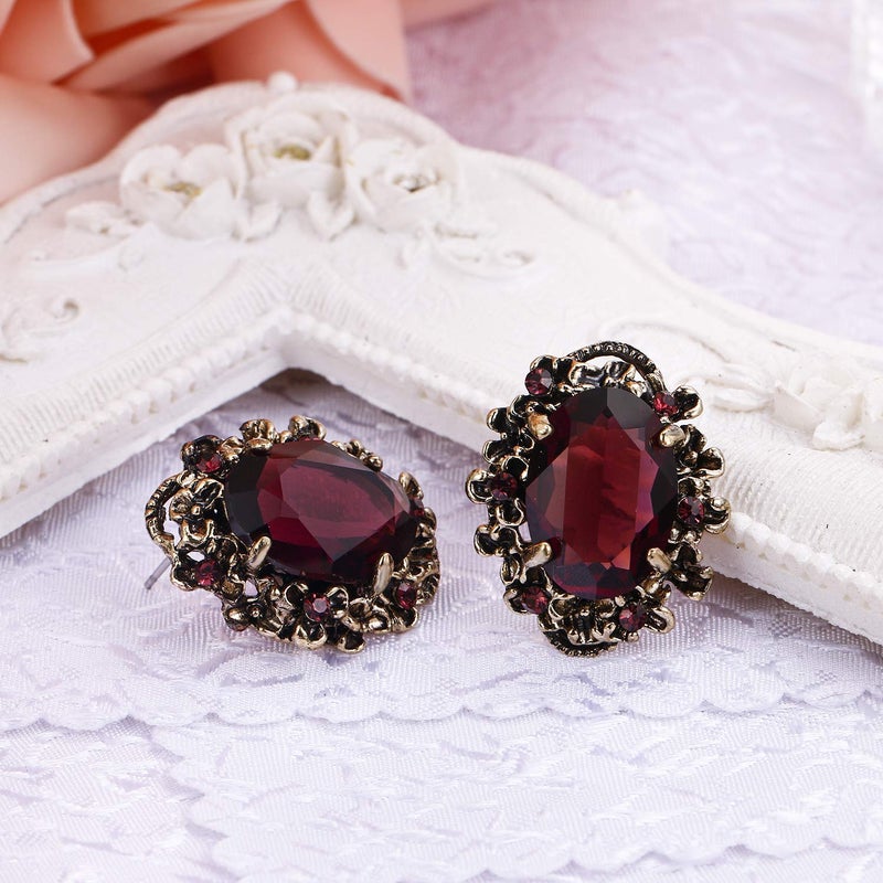 BriLove Victorian Style Stud Earrings for Women Crystal Floral Scroll Cameo Inspired Oval Jewelry Amethyst Color Antique-Gold-Tone - Image 5