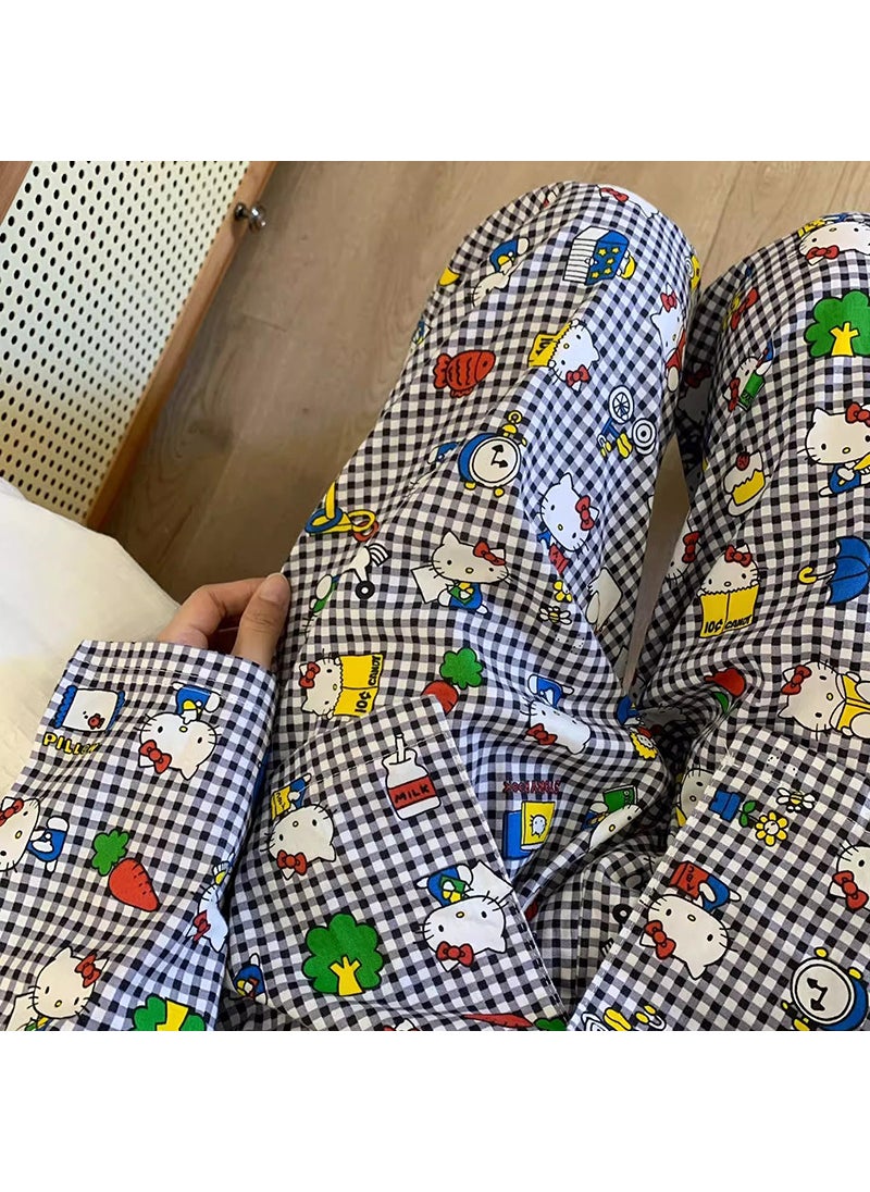 Generic - HelloKitty Cartoon Pajama Pants Womens Loose Spring Summer Hello Kitty Black Plaid - Image 1