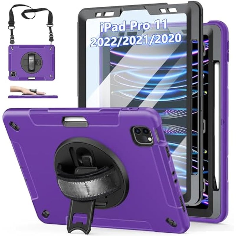 Case for iPad Pro 11 Inch 2022/2021/ 2020/2018: Cover for iPad 11 Inch 4th/ 3rd/ 2nd/ 1st Generation with Screen Protector- Stand- Handle- Shoulder Strap- Pencil Holder Purple - Image 1