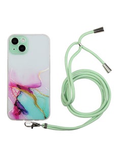 Case Cover For iPhone 15 Hollow Marble Pattern TPU Shockproof Phone Case with Rope Green