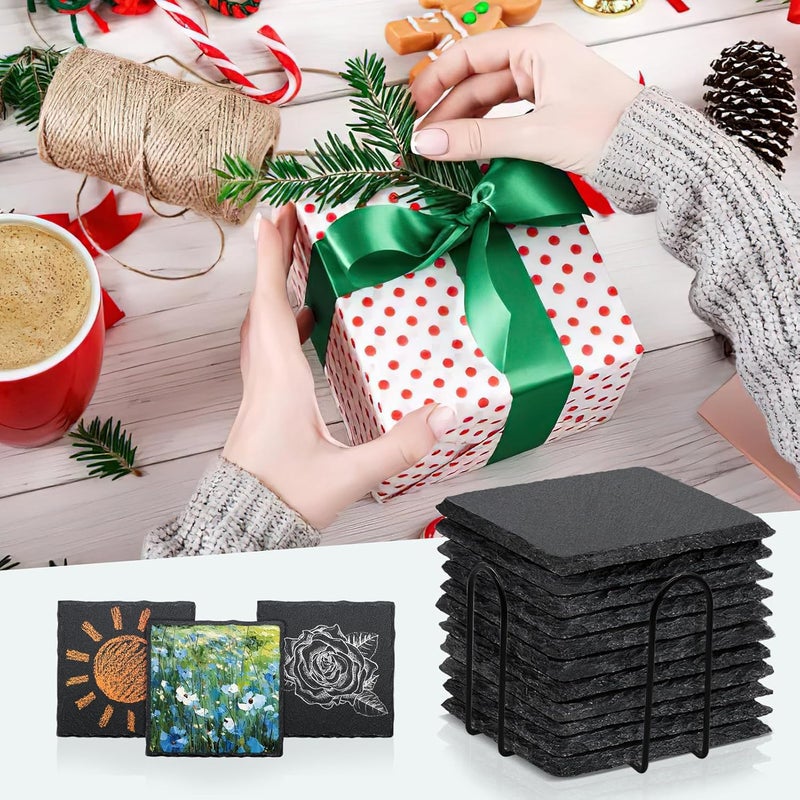 SIJDIEE 4 PCS Square Slate Drink Coasters Set, 4 Inch Laser Engraving Black Slate Stone Coasters with Anti-Scratch Bottom and Coaster Holder for Office Bar Kitchen Home Dinner Table Decor Supplies - Image 5
