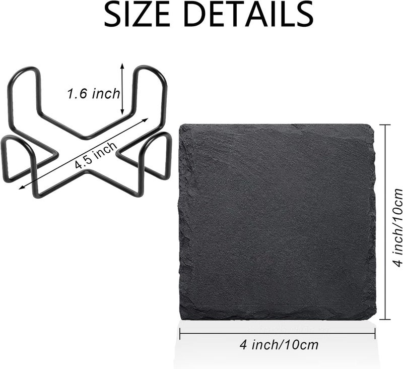 SIJDIEE 4 PCS Square Slate Drink Coasters Set, 4 Inch Laser Engraving Black Slate Stone Coasters with Anti-Scratch Bottom and Coaster Holder for Office Bar Kitchen Home Dinner Table Decor Supplies - Image 2