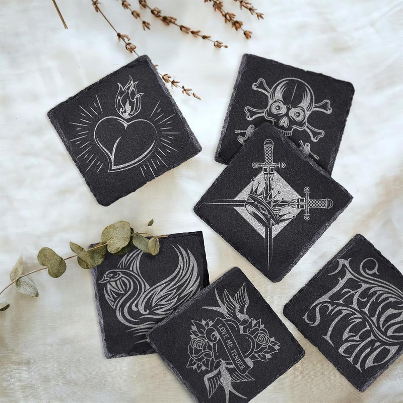 SIJDIEE 4 PCS Square Slate Drink Coasters Set, 4 Inch Laser Engraving Black Slate Stone Coasters with Anti-Scratch Bottom and Coaster Holder for Office Bar Kitchen Home Dinner Table Decor Supplies - Image 3