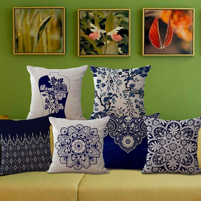 ChezMax Blue and White Porcelain Throw Pillow Cover, Decorative Chinoiserie Floral Chair Back Cushion Case Linen Cotton Pillowslip Square Pillowcase for Sofa Couch Bed Living Room Kitchen, 18x18 Inch - Image 2