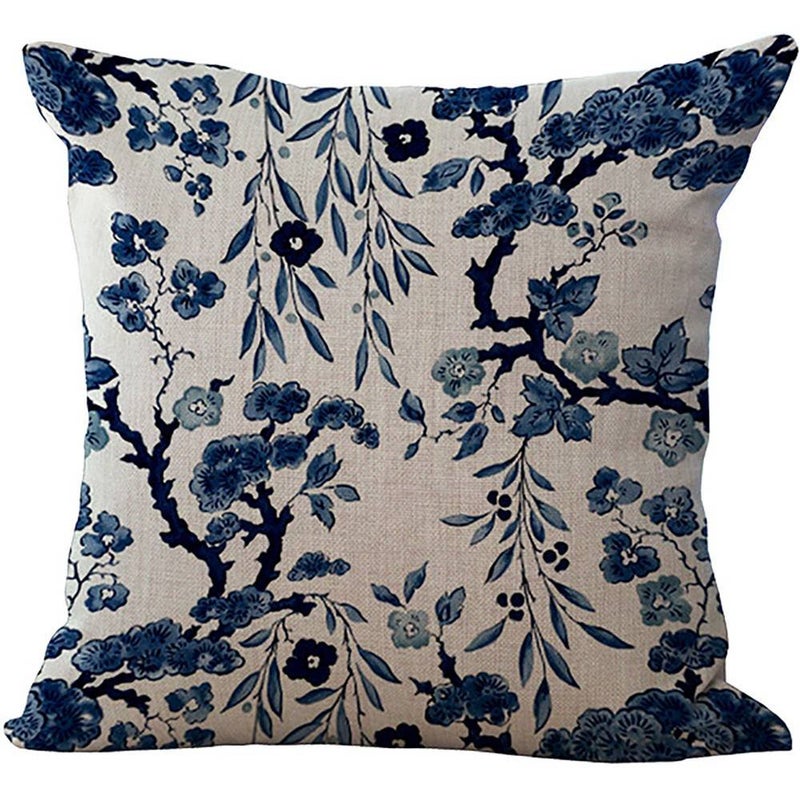 ChezMax Blue and White Porcelain Throw Pillow Cover, Decorative Chinoiserie Floral Chair Back Cushion Case Linen Cotton Pillowslip Square Pillowcase for Sofa Couch Bed Living Room Kitchen, 18x18 Inch - Image 1