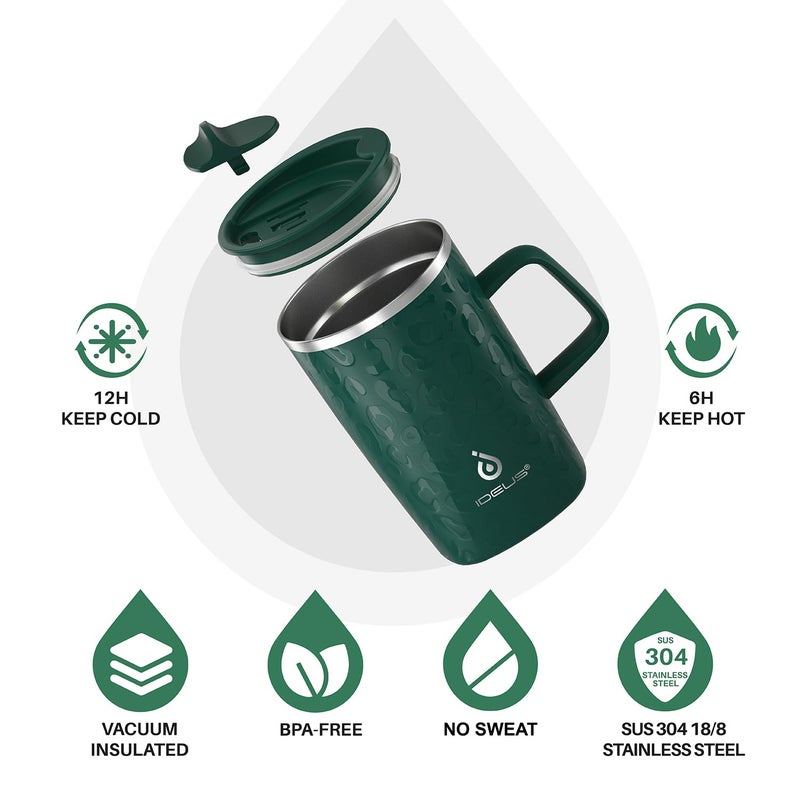 Ideus Vacuum Insulated Coffee Mug, 16oz Reusable Stainless Steel Thermal Double Walled cup with Handle and Slider Lid for Hot & Cold Beverages, BPA Free (Leapord Dark Green) - Image 2