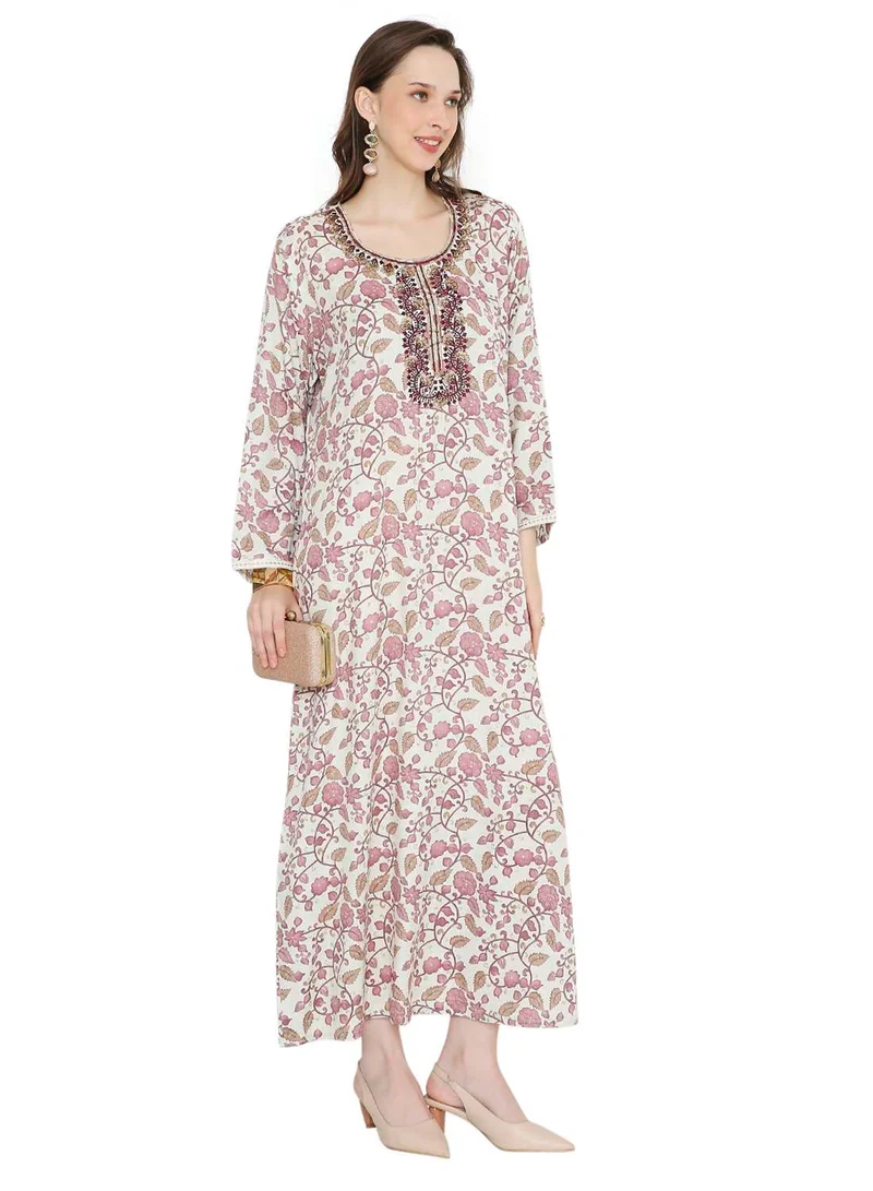 HANA & SARA MULTICOLOUR ELEGANT FLORAL PRINTED FARASHA JALABIYA WITH UNIQUE THREAD EMBROIDERY