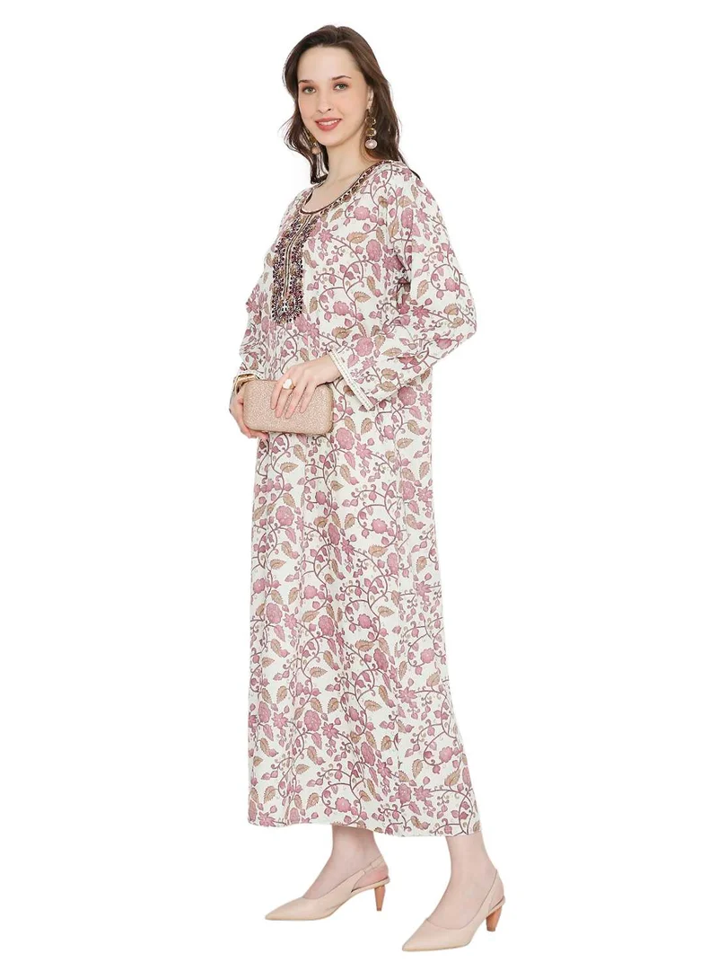 HANA & SARA MULTICOLOUR ELEGANT FLORAL PRINTED FARASHA JALABIYA WITH UNIQUE THREAD EMBROIDERY