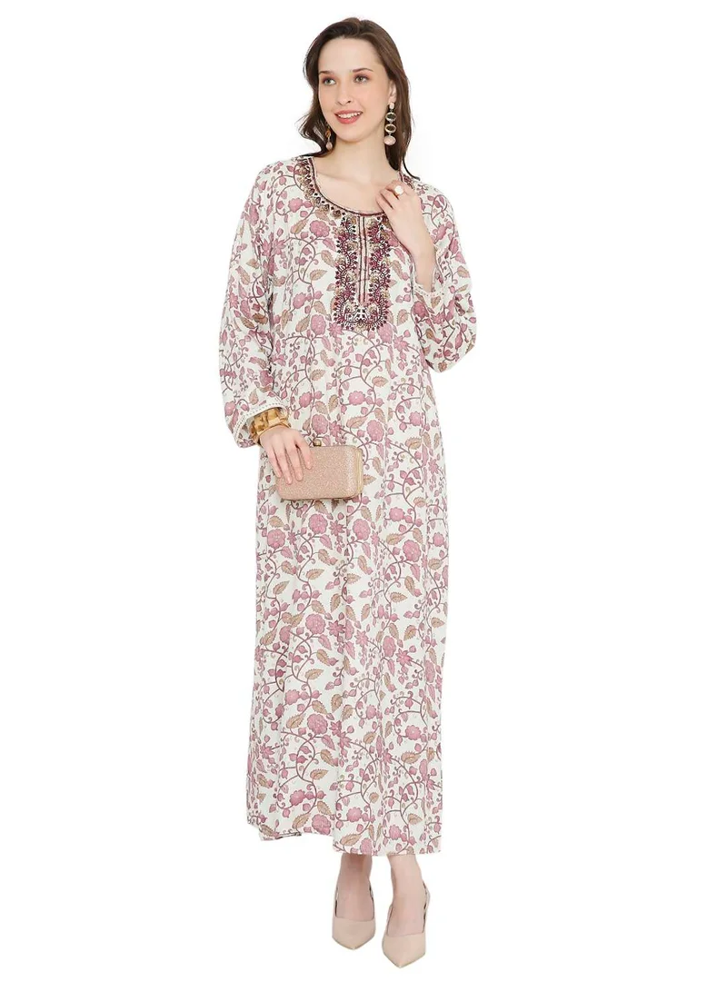 HANA & SARA MULTICOLOUR ELEGANT FLORAL PRINTED FARASHA JALABIYA WITH UNIQUE THREAD EMBROIDERY