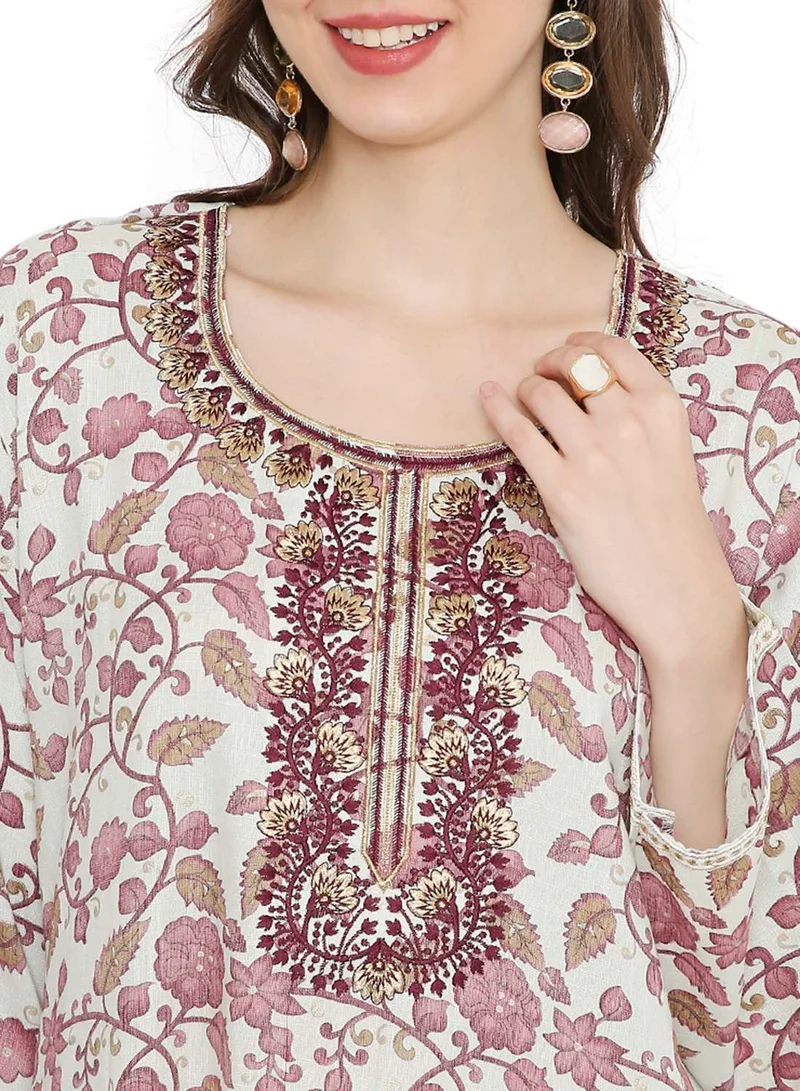 HANA & SARA MULTICOLOUR ELEGANT FLORAL PRINTED FARASHA JALABIYA WITH UNIQUE THREAD EMBROIDERY