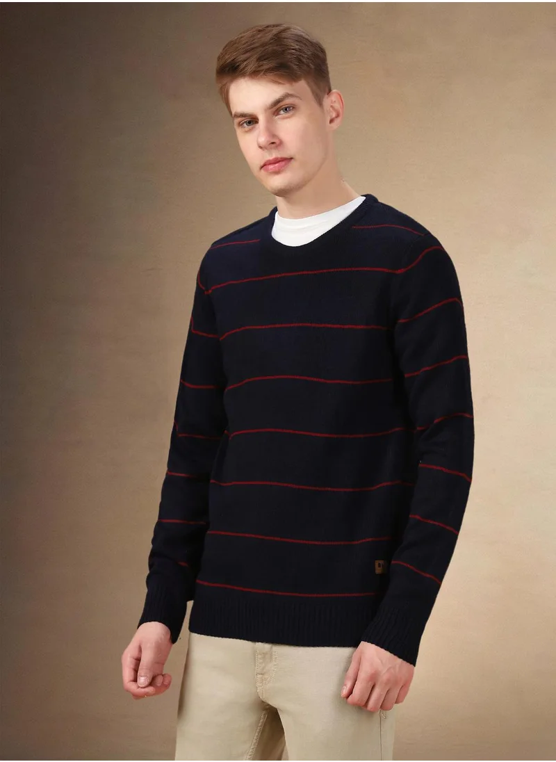 دينيس لينغو Men's Navy 100% Acrylic Striped Regular Fit Sweater