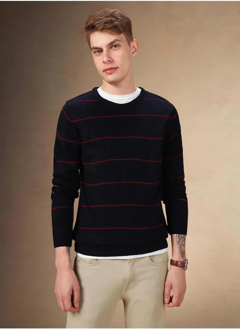 دينيس لينغو Men's Navy 100% Acrylic Striped Regular Fit Sweater
