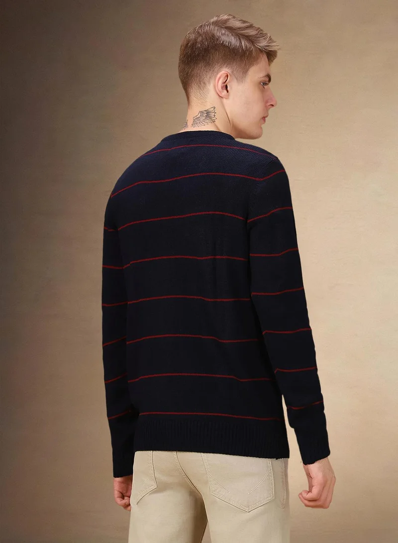 Dennis Lingo Men's Navy 100% Acrylic Striped Regular Fit Sweater