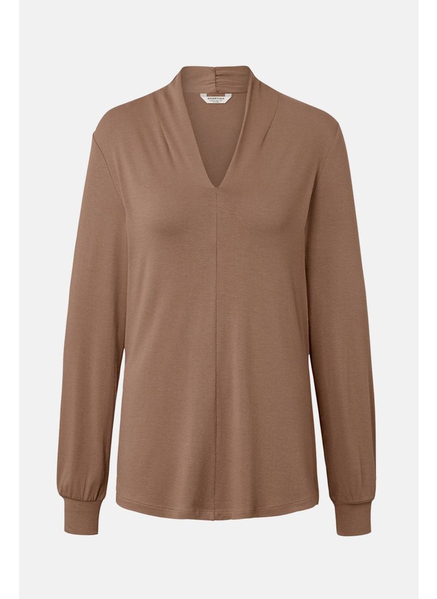 Tchibo - Women V-Neck Long Sleeve Plain Top, Brown - Image 1