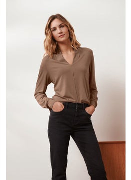 Women V-Neck Long Sleeve Plain Top, Brown
