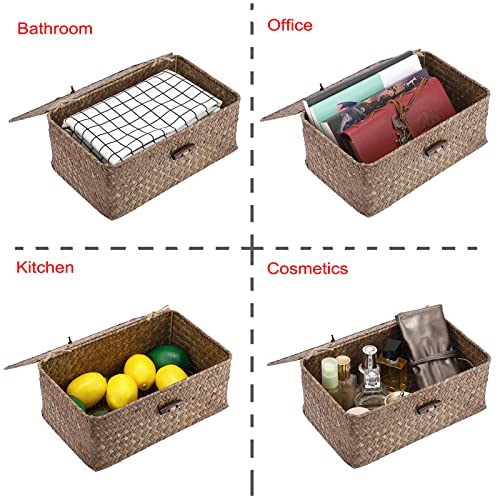 Hipiwe Wicker Shelf Baskets Bin with Lid, Handwoven Seagrass Basket Storage Bins Rectangular Household Basket Boxes for Shelf Wardrobe Home Organizer, Coffee Small - Image 4
