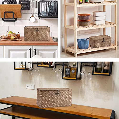 Hipiwe Wicker Shelf Baskets Bin with Lid, Handwoven Seagrass Basket Storage Bins Rectangular Household Basket Boxes for Shelf Wardrobe Home Organizer, Coffee Small - Image 2