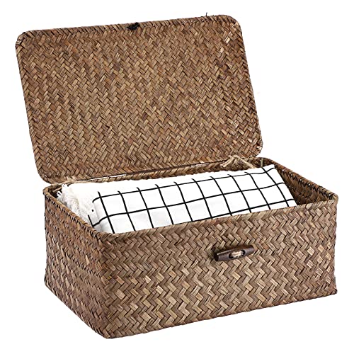 Hipiwe Wicker Shelf Baskets Bin with Lid, Handwoven Seagrass Basket Storage Bins Rectangular Household Basket Boxes for Shelf Wardrobe Home Organizer, Coffee Small - Image 1