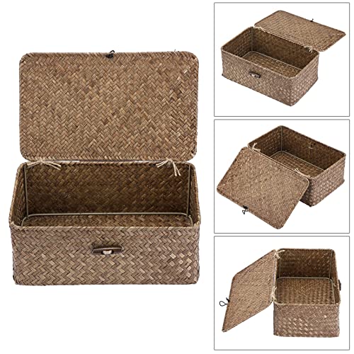 Hipiwe Wicker Shelf Baskets Bin with Lid, Handwoven Seagrass Basket Storage Bins Rectangular Household Basket Boxes for Shelf Wardrobe Home Organizer, Coffee Small - Image 3