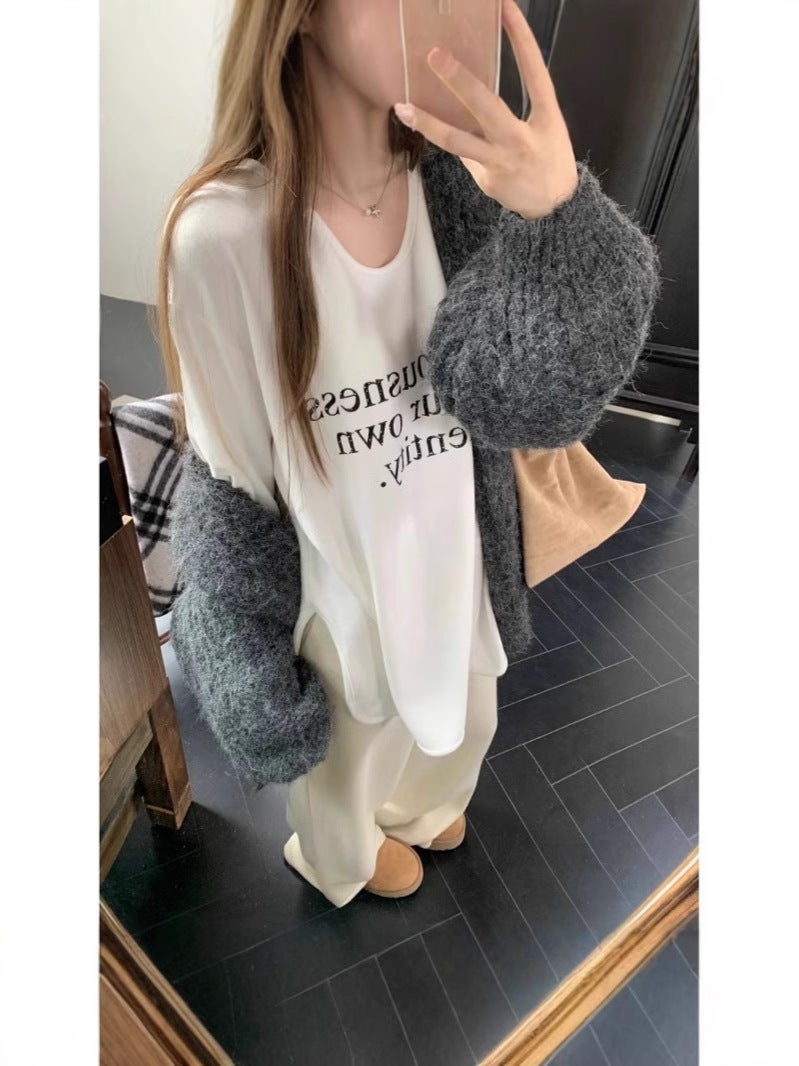 [Factory Source Straight Hair] Letter Printing Long-Sleeved T-Shirt Sanding Loose Slim Top - Image 4