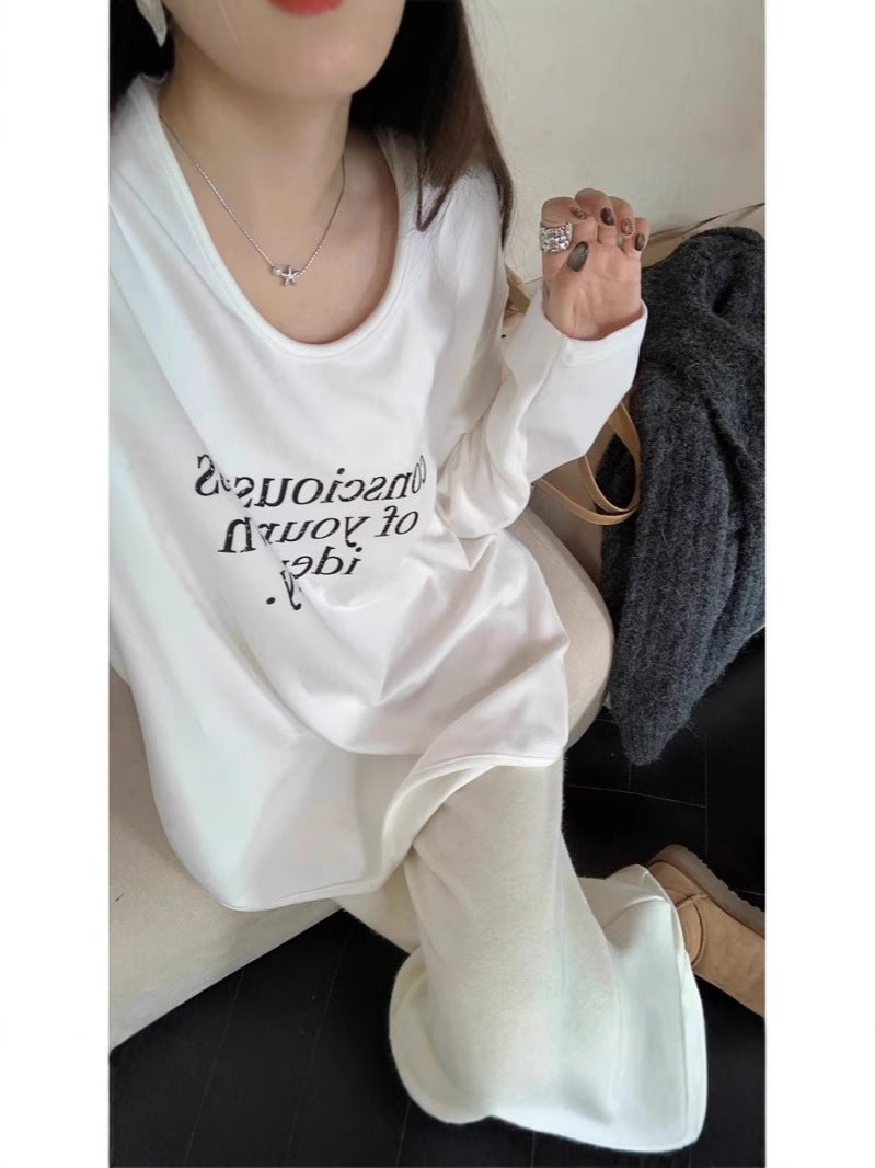 [Factory Source Straight Hair] Letter Printing Long-Sleeved T-Shirt Sanding Loose Slim Top - Image 2