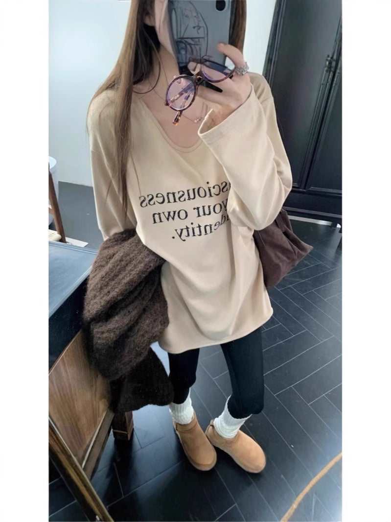[Factory Source Straight Hair] Letter Printing Long-Sleeved T-Shirt Sanding Loose Slim Top - Image 3