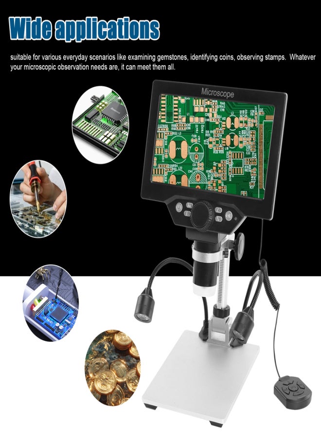 B1200 Digital Microscope 7 Inch Large Color Screen Large Base LCD Display 12MP 1-1200X Continuous Amplification Magnifier with Metal Stand and Two Auxiliary Lights - Image 2