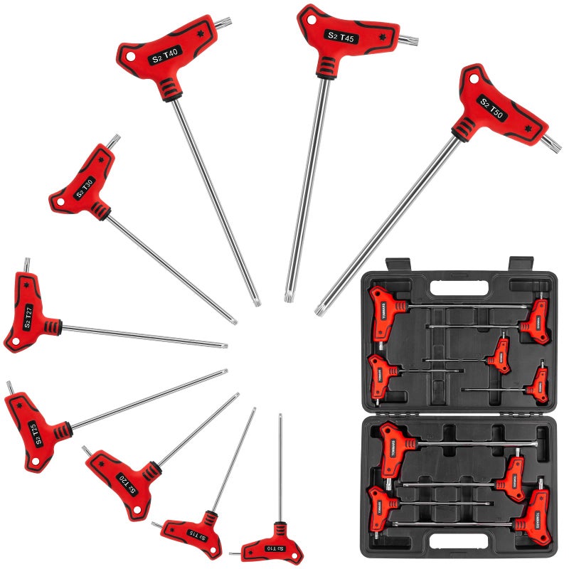 TOMMARS 9PC T Handle Torx Wrench Set, S2 Steel, T10 - T50 Tamper Proof Star Key Set - Image 1