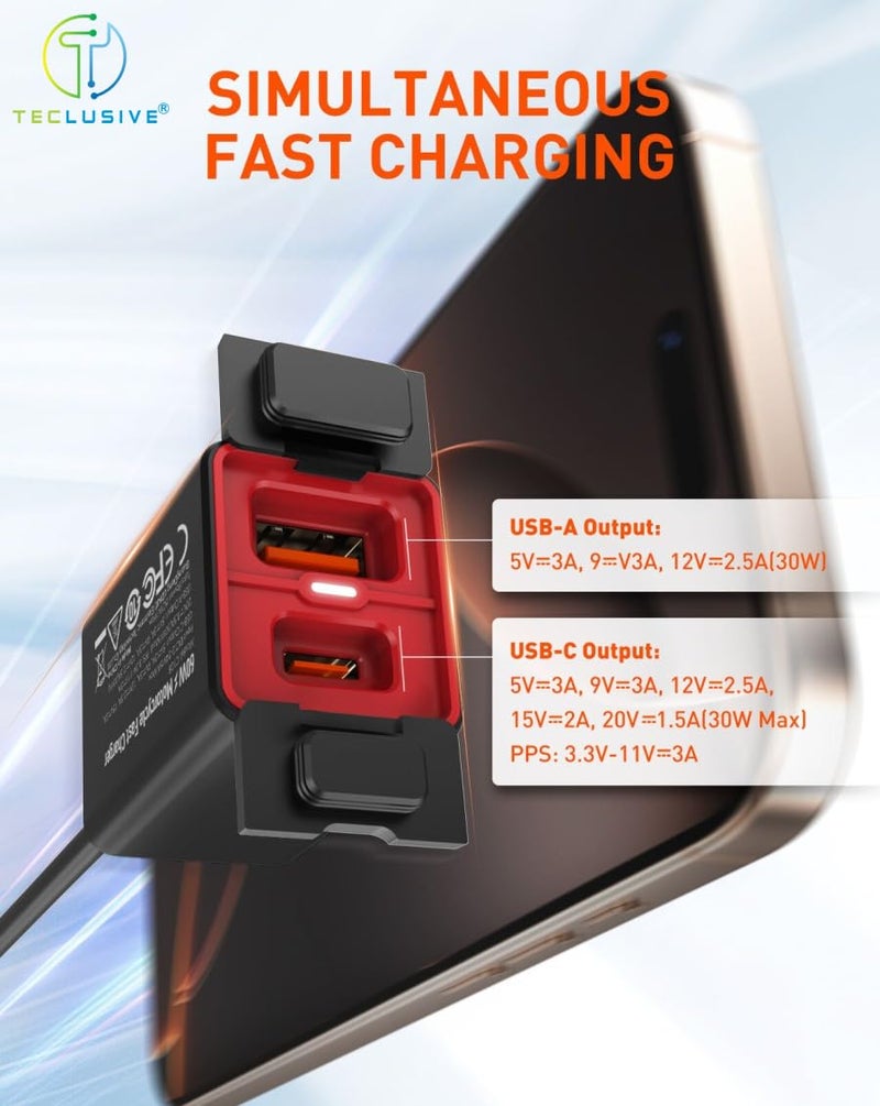 T Teclusive 60W Motorcycle Mobile Super Fast Charger Type C USB | IPX6 Waterproof Dustproof | PD QC USB C Bike Mobile Fast Charging with Direct Terminal Cable & USB C Cable - Image 2