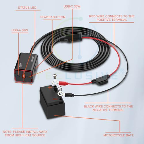 T Teclusive 60W Motorcycle Mobile Super Fast Charger Type C USB | IPX6 Waterproof Dustproof | PD QC USB C Bike Mobile Fast Charging with Direct Terminal Cable & USB C Cable - Image 4
