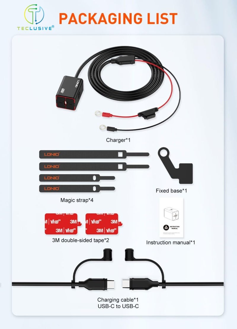 T Teclusive 60W Motorcycle Mobile Super Fast Charger Type C USB | IPX6 Waterproof Dustproof | PD QC USB C Bike Mobile Fast Charging with Direct Terminal Cable & USB C Cable - Image 5