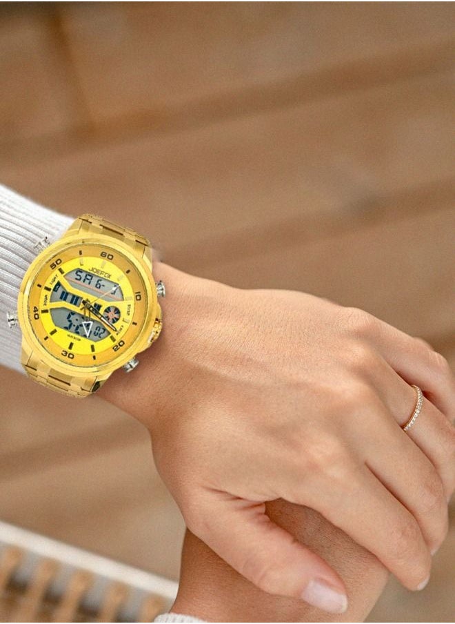 JoeFox - Men's Large Face Digital Luxury  Watch LED Analog Quartz Wrist Watch with Multi Time Zone 3 ATM Waterproof Stopwatch Analog Wrist Watch for Men Gold - Image 1