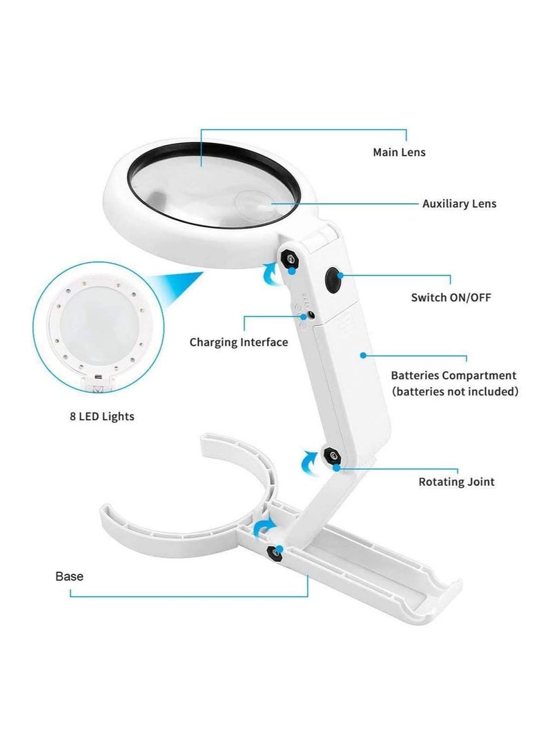 Excefore 5X Handheld Magnifier Illuminated Desktop Magnifying Glasses with 8 LED Lights & Foldable Handle for Seniors and Children (White) - Image 5