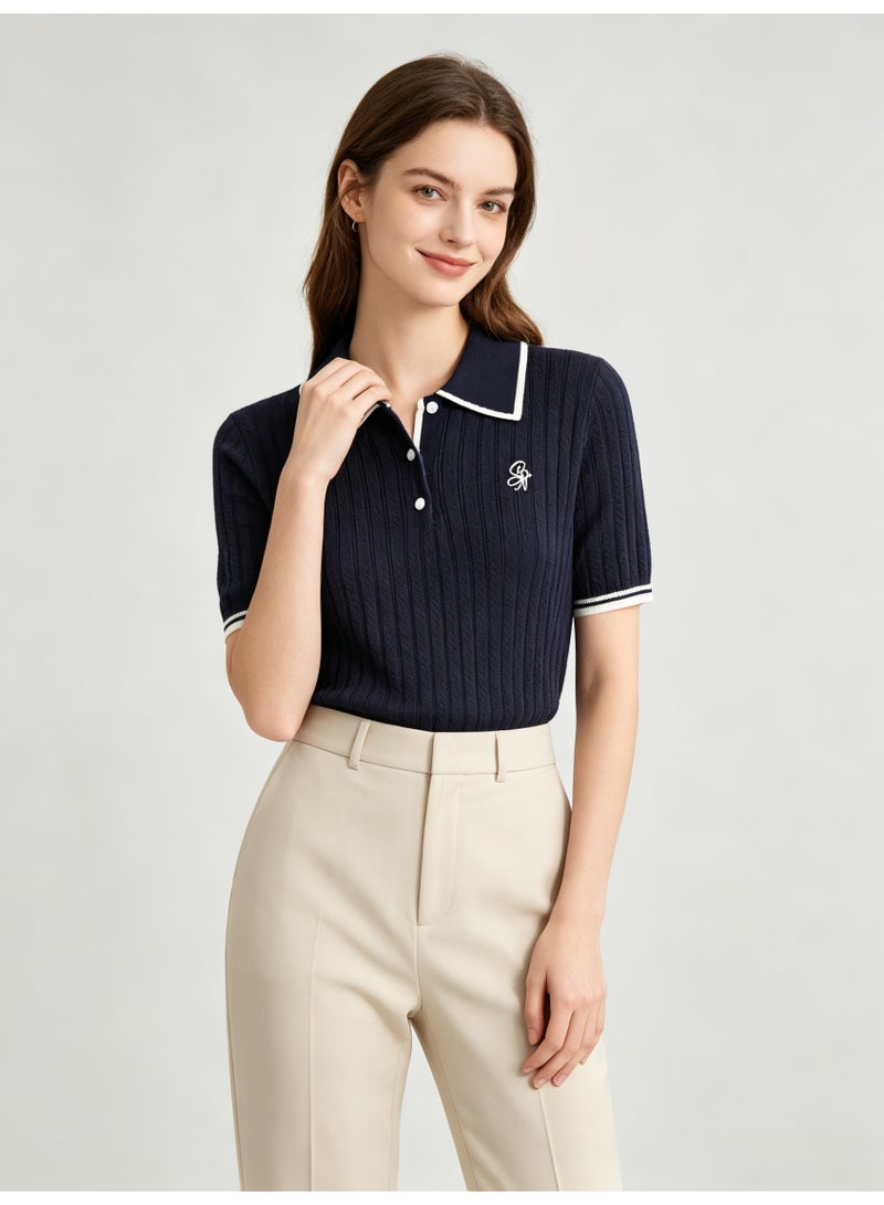 زارا ZARA Women Short Sleeve Polo Knit Top, Navy Contrast White Trim Ribbed Knitted Shirt, Half Button Collared Tee with Small Embroidery for Ladies - Image 5