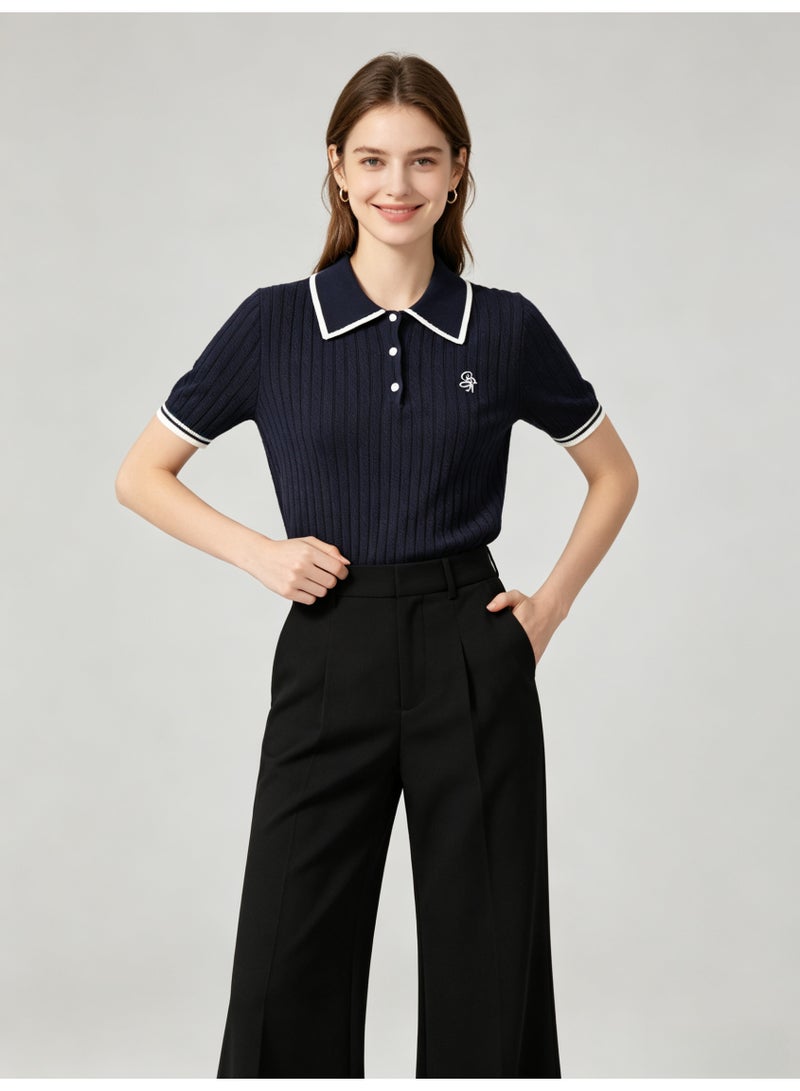 زارا ZARA Women Short Sleeve Polo Knit Top, Navy Contrast White Trim Ribbed Knitted Shirt, Half Button Collared Tee with Small Embroidery for Ladies - Image 4