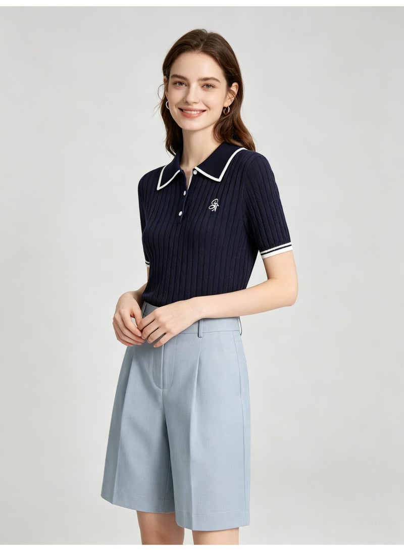 زارا ZARA Women Short Sleeve Polo Knit Top, Navy Contrast White Trim Ribbed Knitted Shirt, Half Button Collared Tee with Small Embroidery for Ladies - Image 3