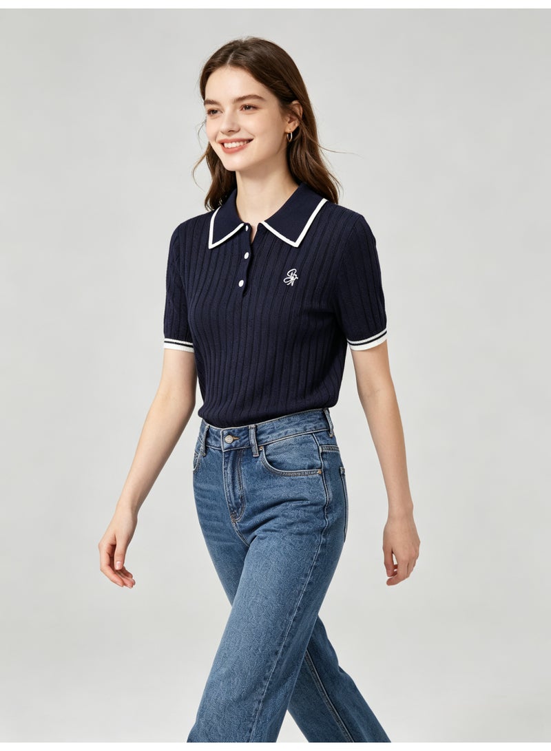زارا ZARA Women Short Sleeve Polo Knit Top, Navy Contrast White Trim Ribbed Knitted Shirt, Half Button Collared Tee with Small Embroidery for Ladies - Image 2