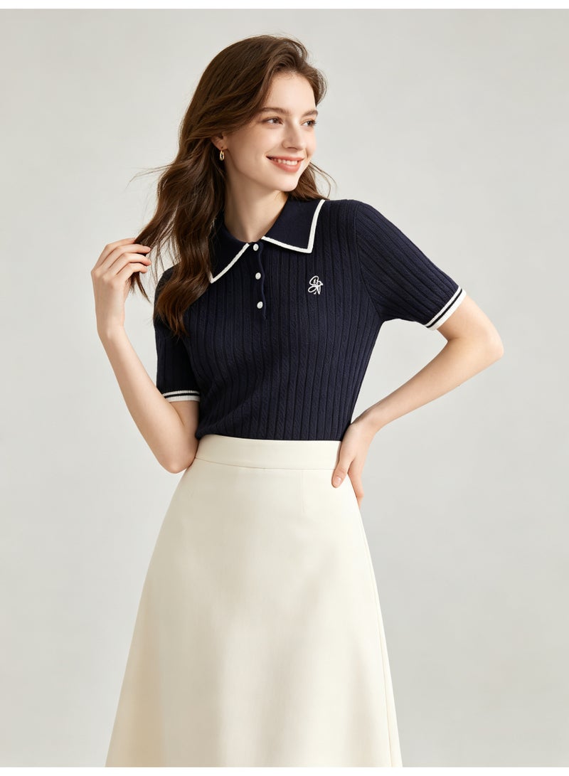 زارا ZARA Women Short Sleeve Polo Knit Top, Navy Contrast White Trim Ribbed Knitted Shirt, Half Button Collared Tee with Small Embroidery for Ladies - Image 1