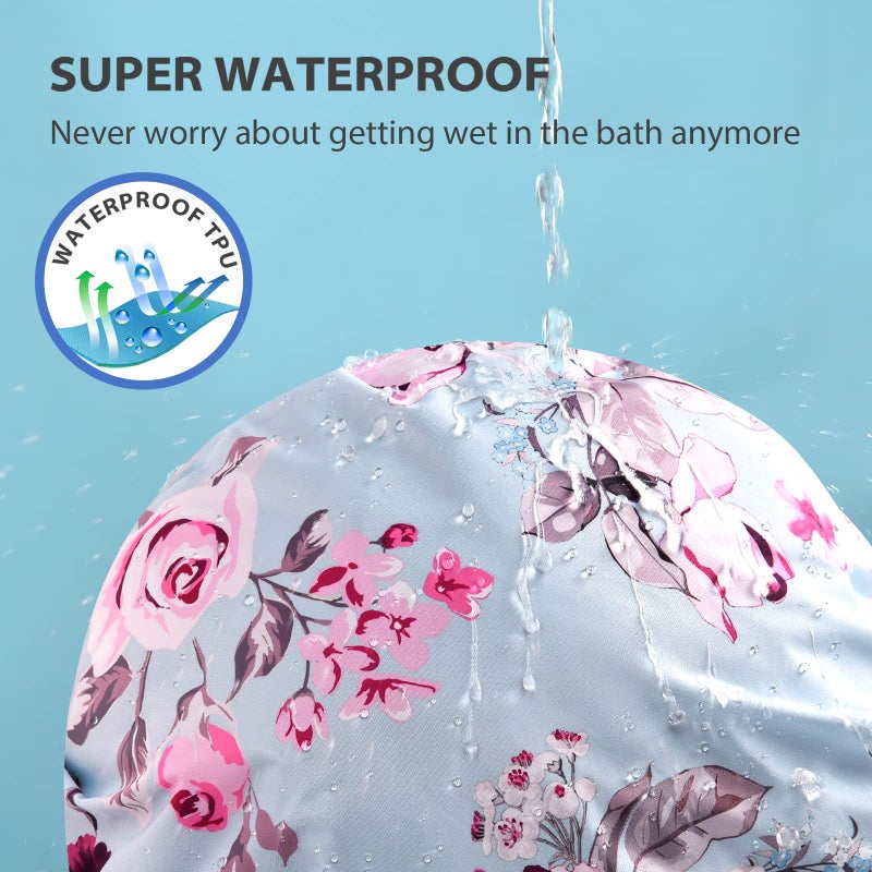 INNELO Luxury Shower Cap for Women Reusable Waterproof, Double Layered Shower Hair Cap with Adjustable Elastic Strap, Large Satin Lined Shower Bath Cap for Long Curly Straight Hair, Blue-Flower - Image 2