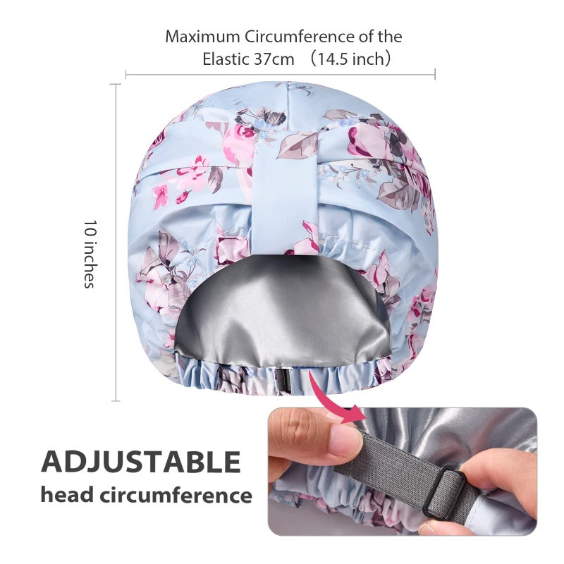 INNELO Luxury Shower Cap for Women Reusable Waterproof, Double Layered Shower Hair Cap with Adjustable Elastic Strap, Large Satin Lined Shower Bath Cap for Long Curly Straight Hair, Blue-Flower - Image 3