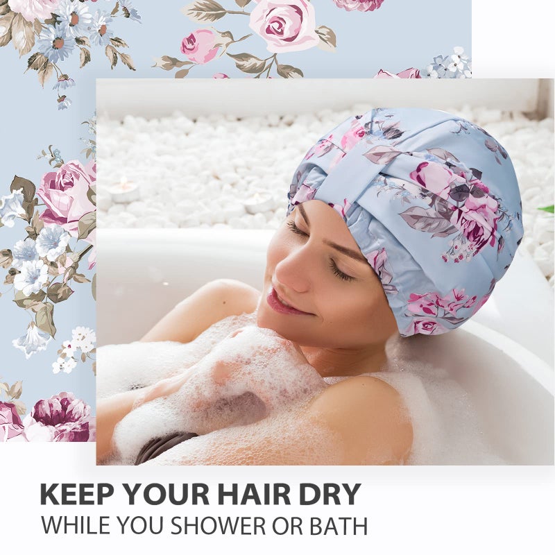 INNELO Luxury Shower Cap for Women Reusable Waterproof, Double Layered Shower Hair Cap with Adjustable Elastic Strap, Large Satin Lined Shower Bath Cap for Long Curly Straight Hair, Blue-Flower - Image 5