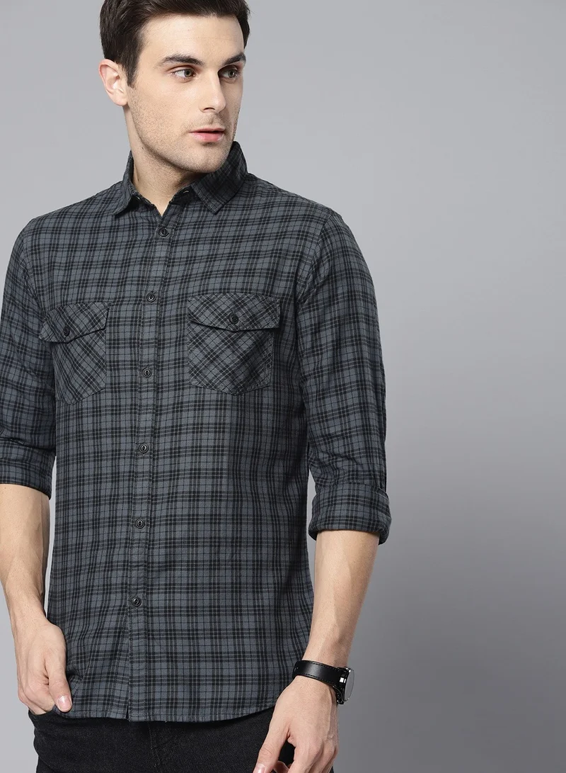 دينيس لينغو قميص قطني رمادي بقصة ضيقة للرجال