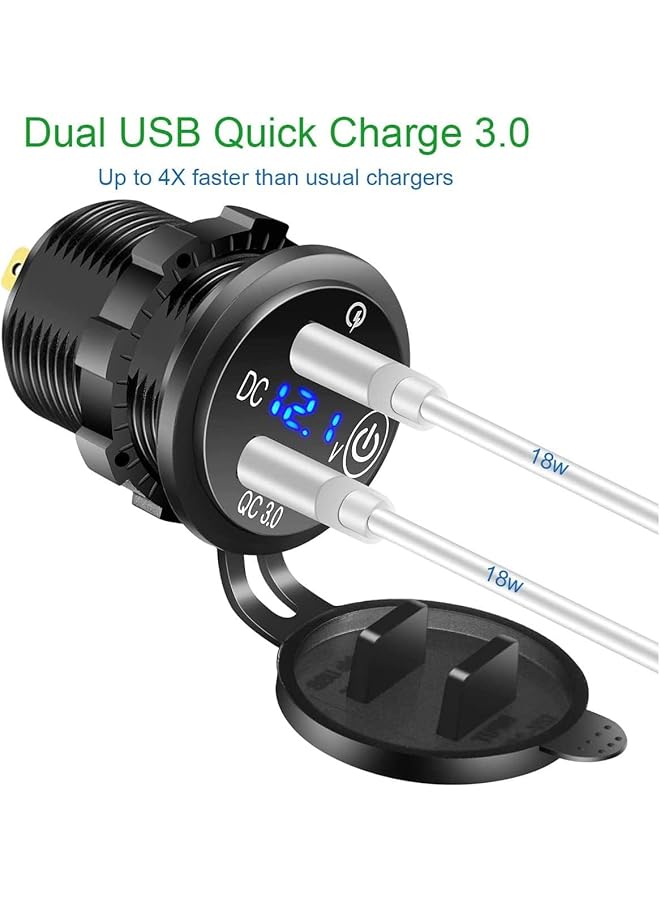 كاست ويف مقبس شاحن سيارة USB QC 3.0 ومقبس ولاعة 12 فولت/24 فولت مع فولتميتر رقمي LED ومفتاح لمس للسيارة والقارب والبحرية - Image 4