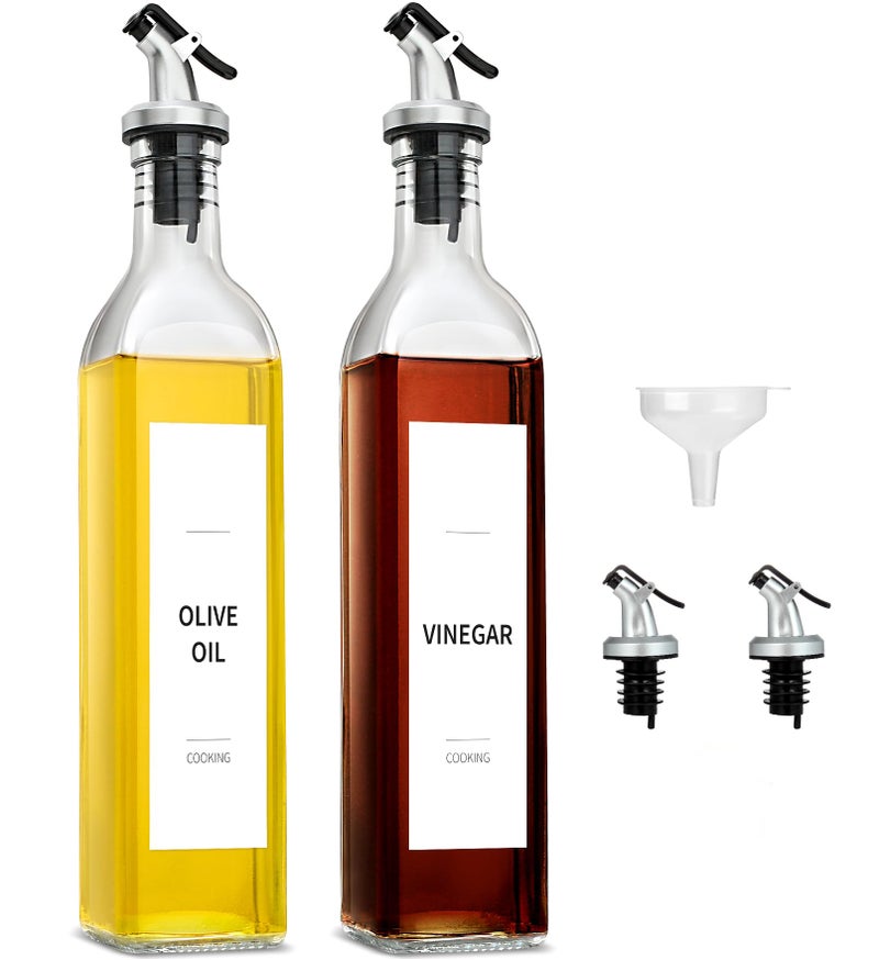 GMISUN Olive Oil and Vinegar Dispenser Bottle Set, 2 Pack Oil and Vinegar Dispenser Bottle, 17oz Kitchen Oil Dispenser, Glass Cooking Oil Dispenser, Clear Glass Bottles for Oil with Funnel and Labels