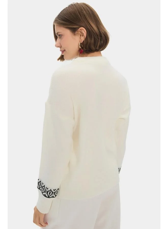 جون June Women Crew Neck Jacquard Knitwear Sweater White