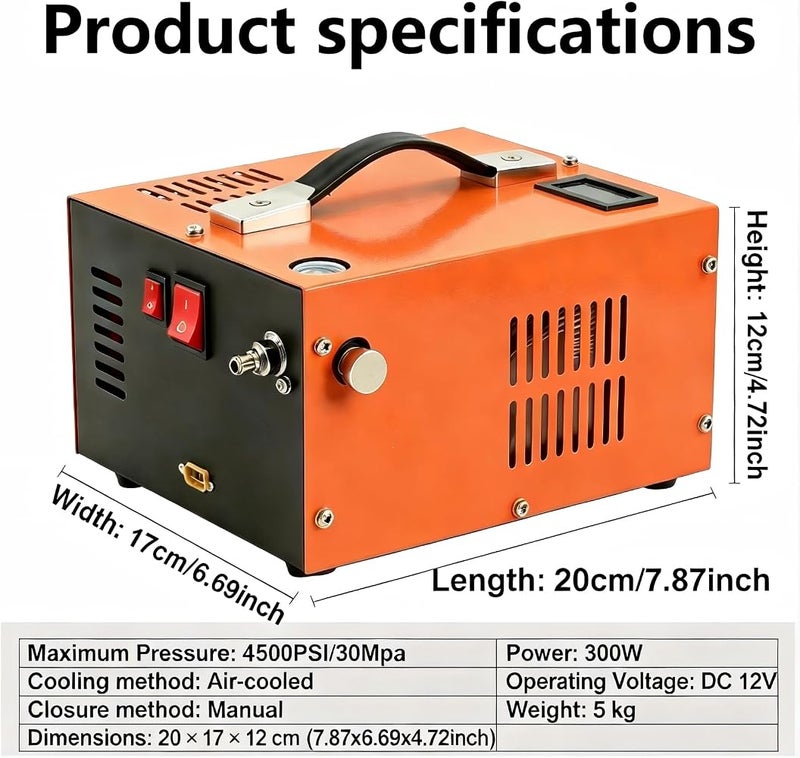 Solferrne PCP Air Compressor, 4500Psi 30Mpa Portable High Pressure PCP Compressor Pump, 12V DC/220V AC, No Water/Oil, Built-in Cooling Fan, Suitable for Tires, Motorboats, Scuba Bottle - Image 3