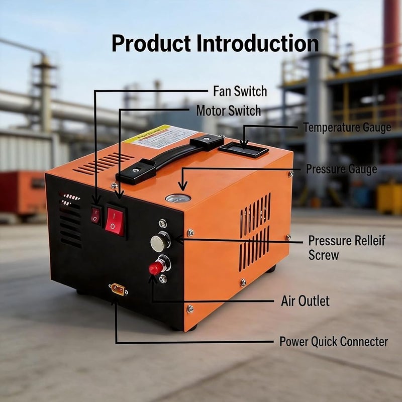 Solferrne PCP Air Compressor, 4500Psi 30Mpa Portable High Pressure PCP Compressor Pump, 12V DC/220V AC, No Water/Oil, Built-in Cooling Fan, Suitable for Tires, Motorboats, Scuba Bottle - Image 2