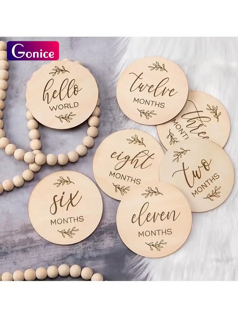 Baby Monthly Milestone Cards Sign - 7 Cute Double Sided Wooden Circles Discs Newborn Memento