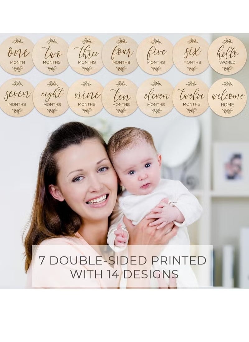Gonice - Baby Monthly Milestone Cards Sign - 7 Cute Double Sided Wooden Circles Discs Newborn Memento - Image 1
